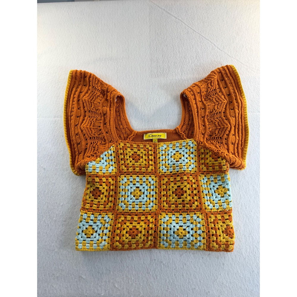 Circus NY Crochet Granny Square Top Orange Blue Flutter Sleeve JCRS163 Small